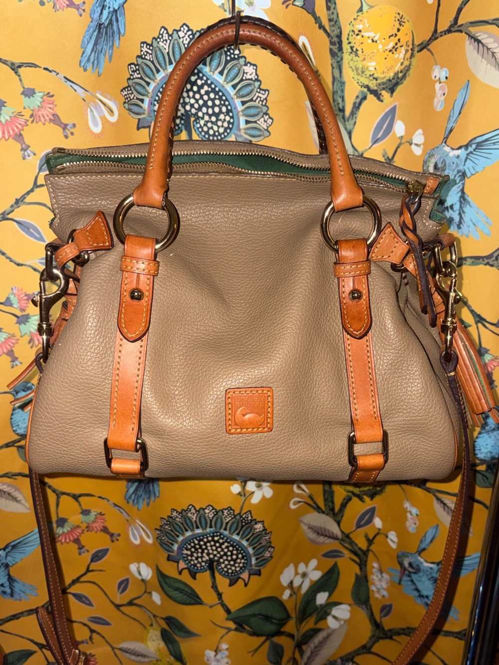 Dooney & Bourke Dillen Pebble Leather Large Satchel with Strap, Taupe / Tan